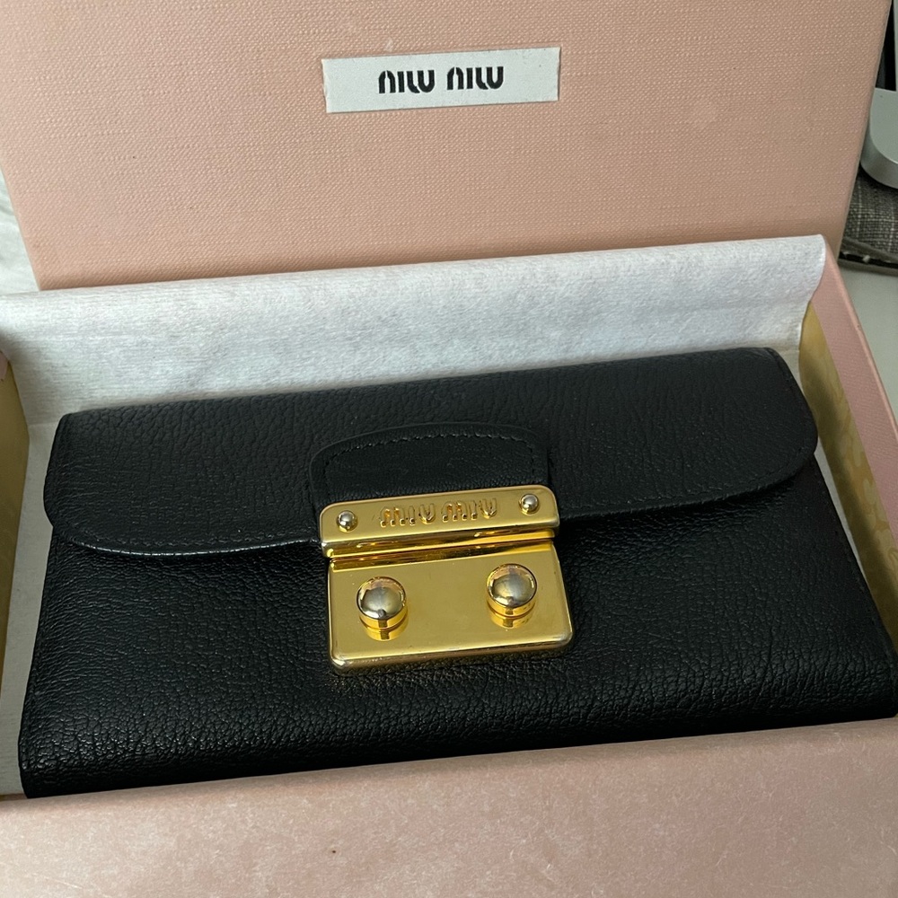 Miu Miu black trifold wallet. Gently used, mint condition. Original box.